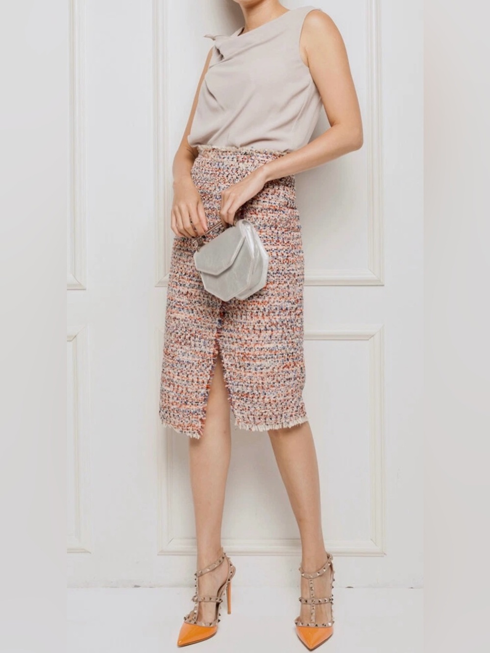 H&M Multi-Tone Tweed Midi Pencil Skirt in Beige and Peach